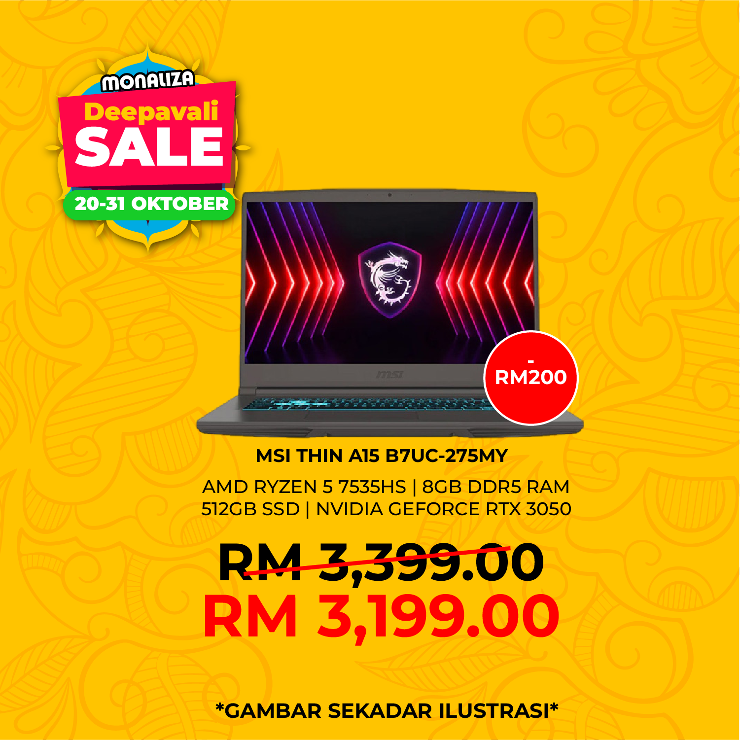 MSI Thin Laptop Gaming (A15 B7UC-275MY) AMD Ryzen 5 7535HS | Nvidia Geforce RTX 3050