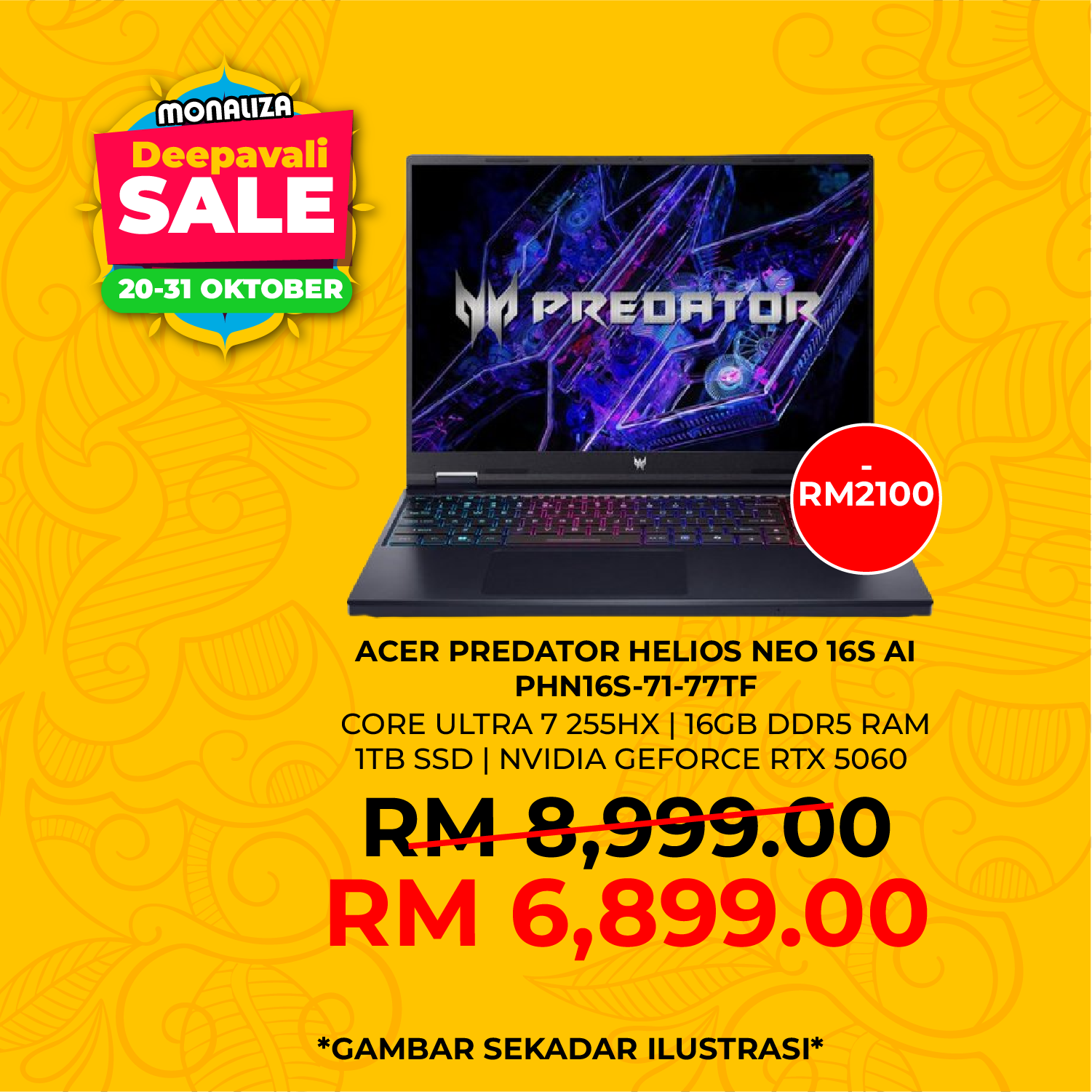 Acer Predator Helios Neo 16S PHN16S-71-77TF | 250 Hz OLED | Core Ultra 7 255HX | GeForce RTX 5060 8GB | 1TB SSD