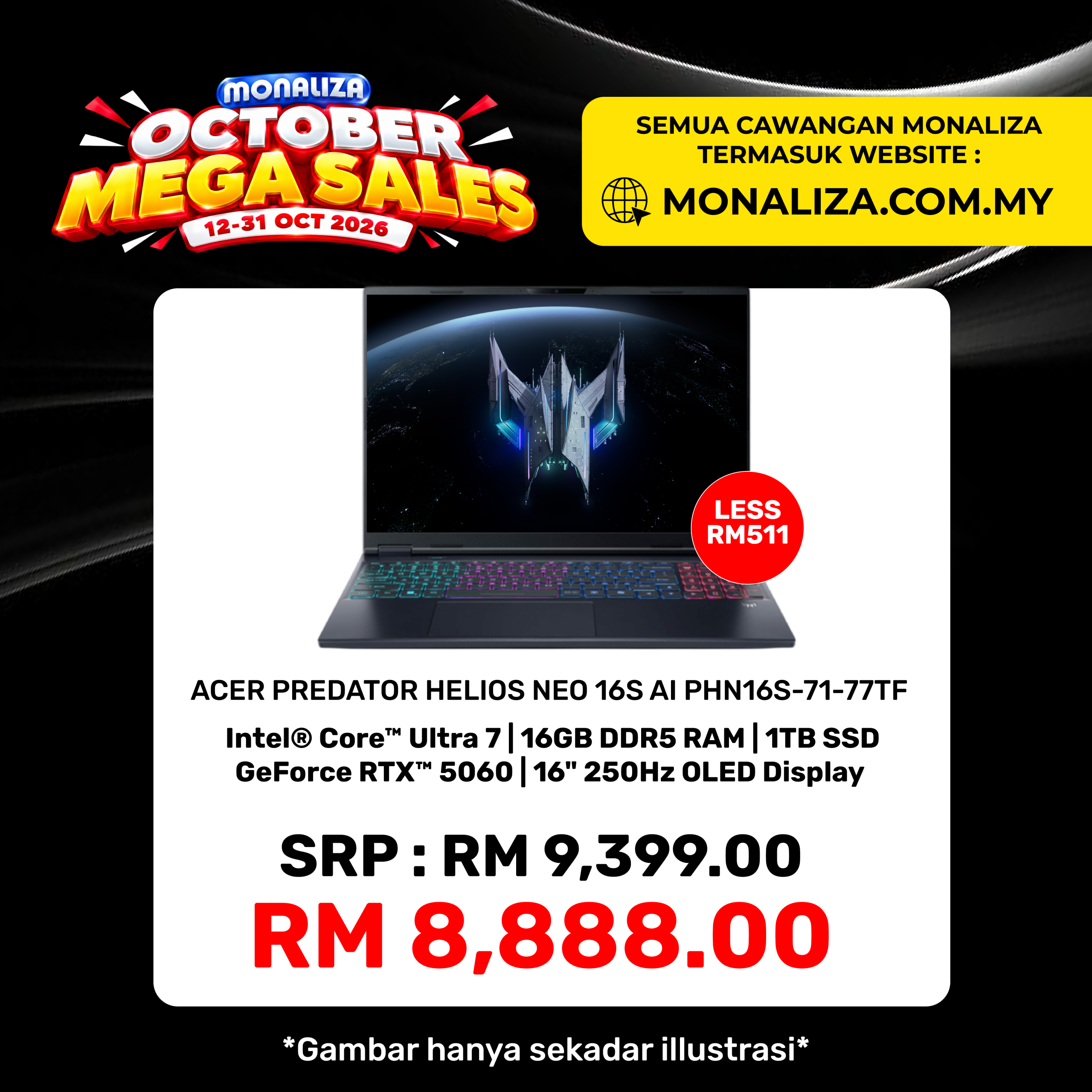 Acer Predator Helios Neo 16S PHN16S-71-77TF | 250 Hz OLED | Core Ultra 7 255HX | GeForce RTX 5060 8GB | 1TB SSD