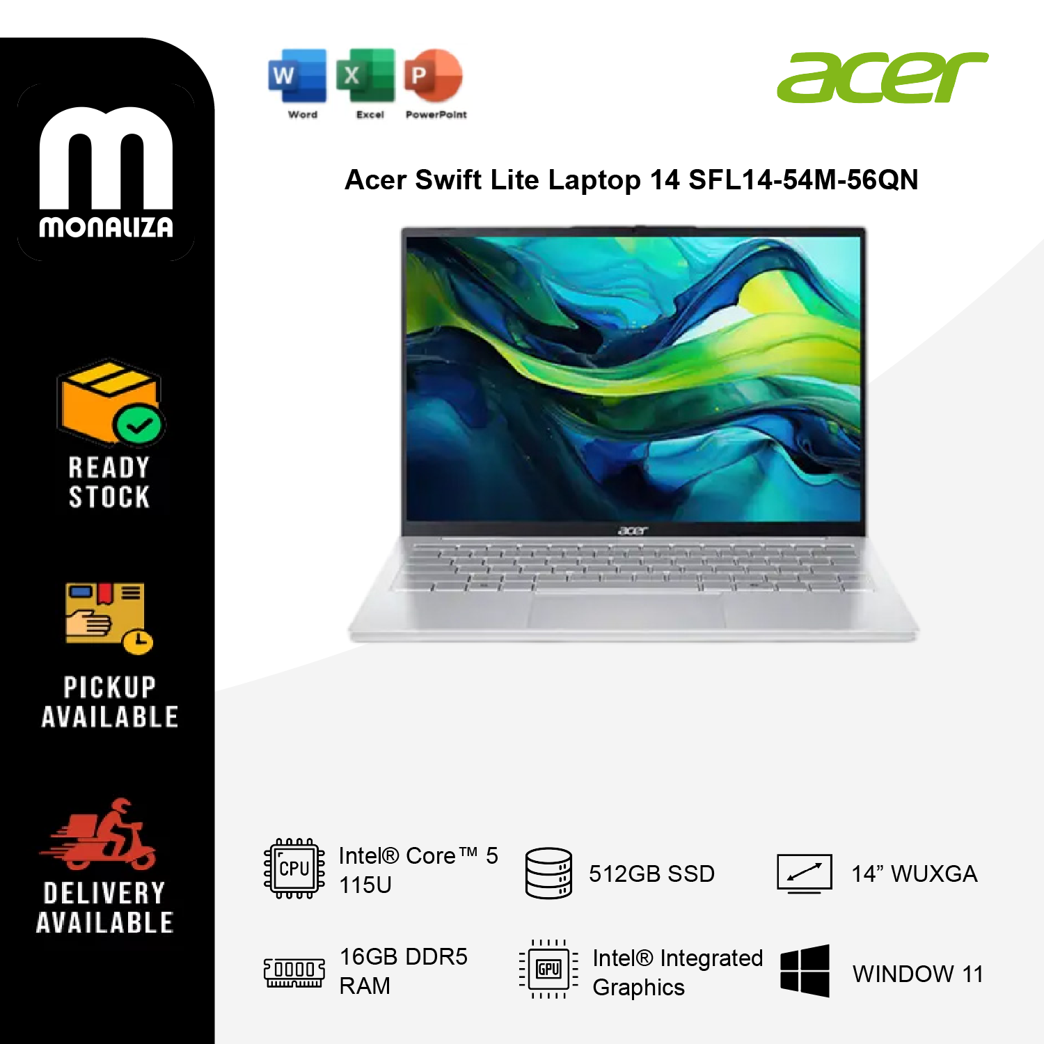 Acer Swift Lite Laptop 14 SFL14-54M-56QN | WUXGA OLED | Intel® Core™ 5 115U | 16GB LPDDR5 | 512GB SSD
