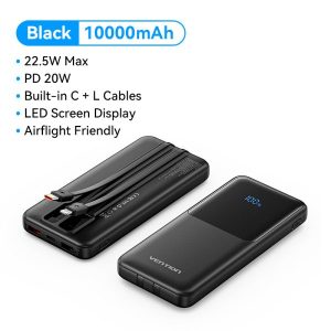 Vention 10000mAh Power Bank (USB-C + USB-A) with Built-in Cable 22.5W LED Display – Black