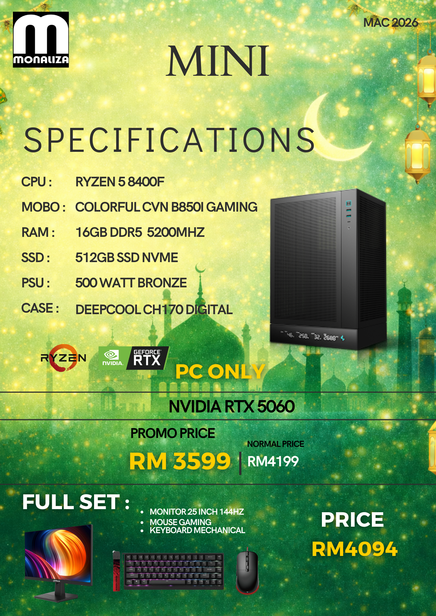 MINI | RYZEN 5 8400F | B850I | 16GB DDR5 | 512GB | 500WAT | CH170