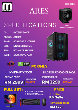 ARES PC | RYZEN 5 8400F | A620M | 8GB DDR5 | 5142GB | 500WAT | ARGB MATX CASE