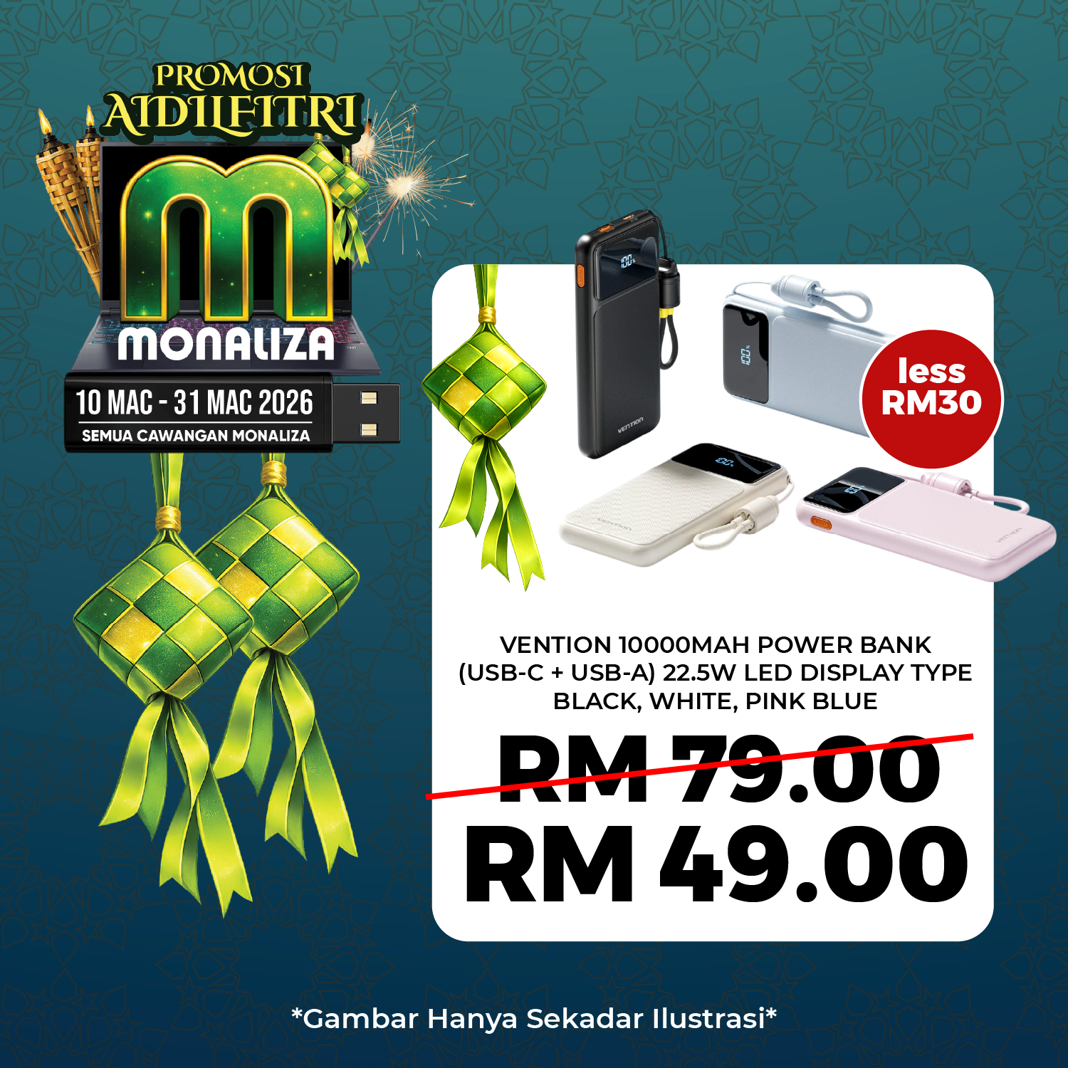 Vention 10000mAh Power Bank (USB-C + USB-A) with Built-in Cable 22.5W LED Display – Black/Blue/Pink/White