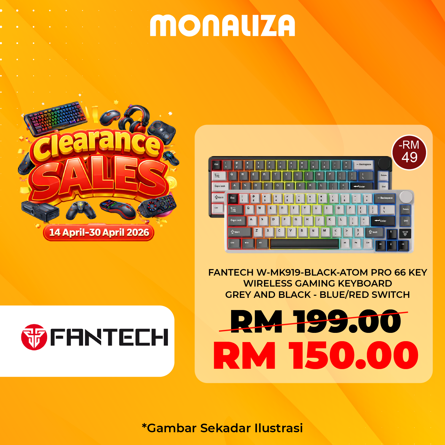 Fantech W-MK919 Atom / Atom Pro 66 Wireless Gaming Keyboard – Grey / Black (Red / Blue Switch)