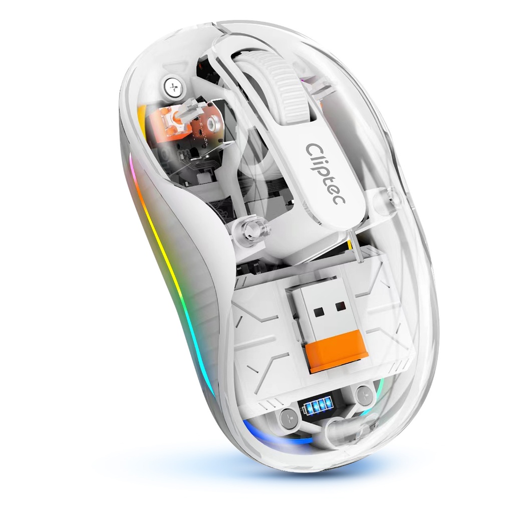 Cliptec Rzs636 Dual Mode 24000Dpi Transparent Rechargeable Rgb Silent Wireless Mouse - White