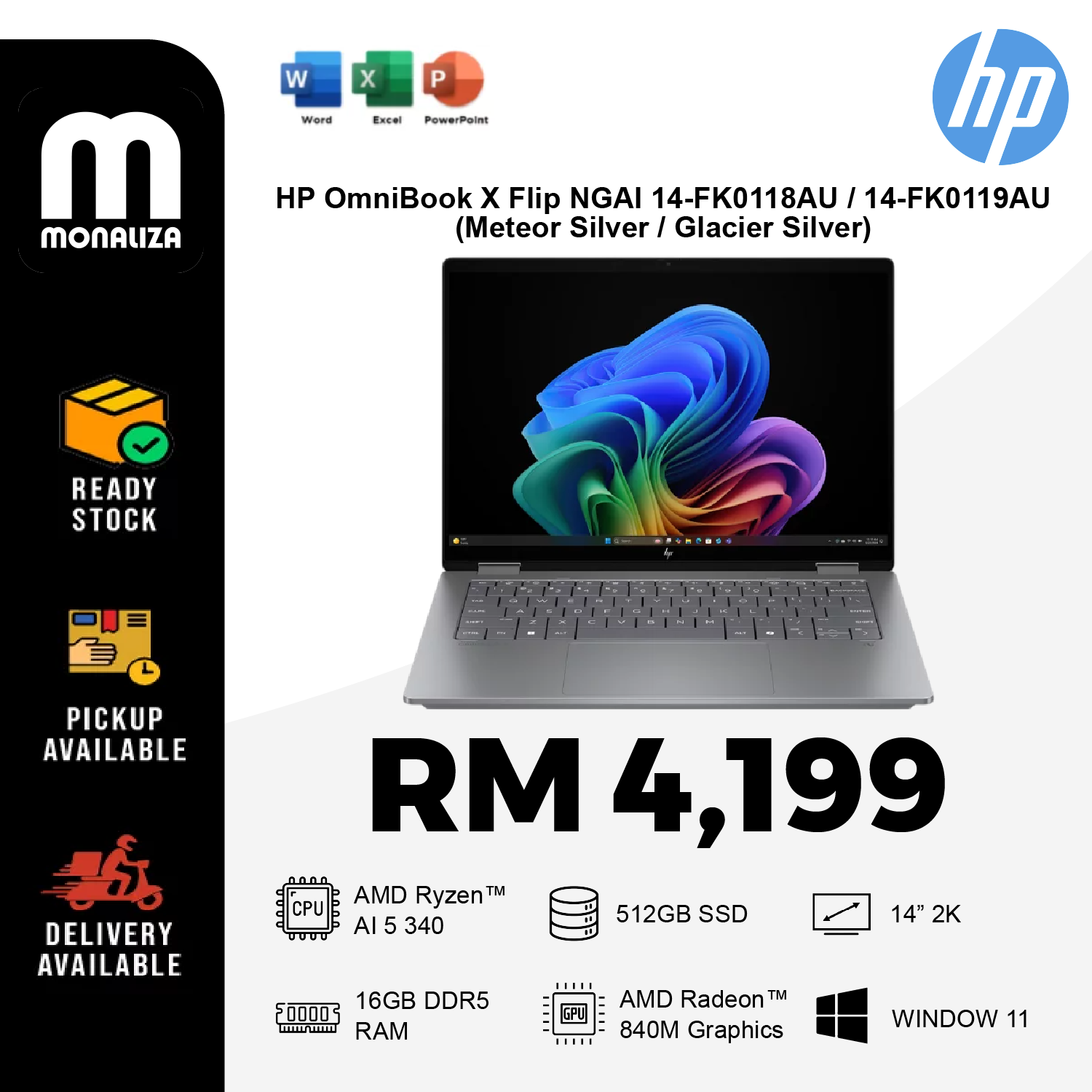 HP OmniBook X Flip NGAI 14-FK0118AU / 14-FK0119AU Laptop (Meteor Silver / Glacier Silver)